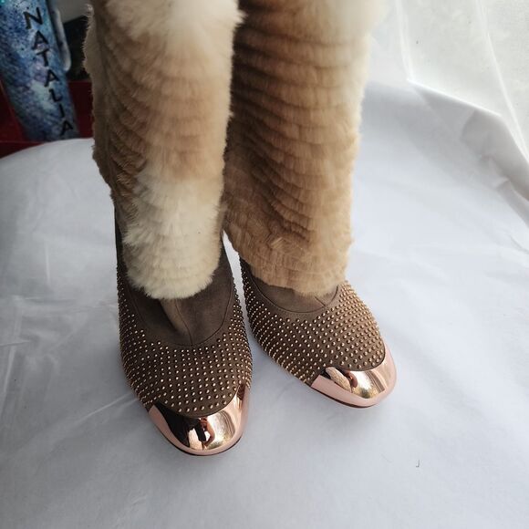 Ivy Kirzhner Fur & All Leather boots Size 8 Mid-Calf Rose Gold Studded Heeled - Picture 4 of 12
